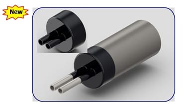 Rendered double-outlet cap: a black cap stepping a grey casing pipe down onto two parallel carrier pipes.