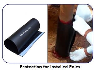 Left, a black pole sleeve held open showing its lined inner face. Right, two gloved hands wrapping the same sleeve round the base of a rust-streaked pole at the point where it enters the ground.