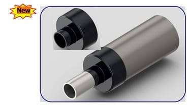 Manufacturer's rendering of a single-outlet sealing cap, shown separately and again fitted over the step where a bare service pipe leaves the larger insulated casing.