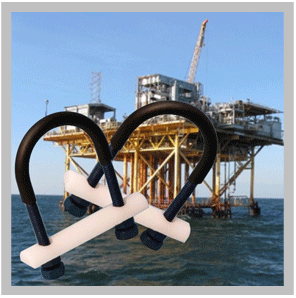Two coated U-bolts with their nuts fitted, one black and one cream, photographed against an offshore production platform