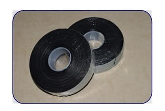 Two rolls of black non-shrinkable EPR insulation tape on white plastic cores, one lying flat and one standing on its edge